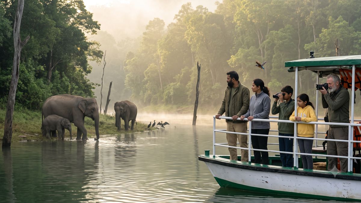 Wild elephants at a forest river in the Kerala high ranges